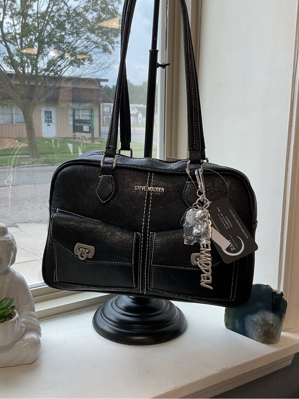 Steve Madden Black Shoulder Bag with Contrast Stitch and Teddy Bear Charm